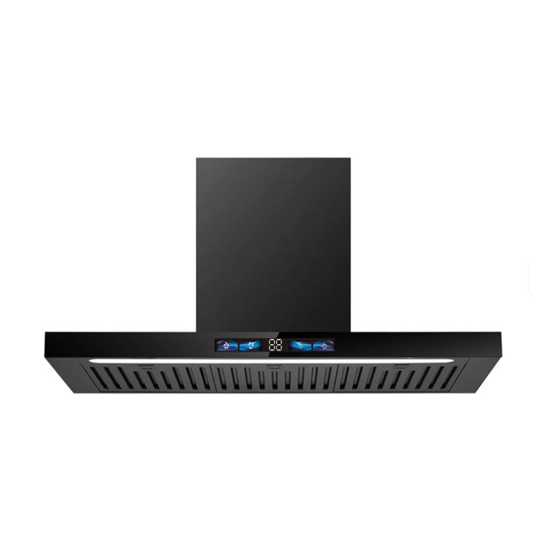 BH1707 Automatic Cleaning Smart Range Hoods Baffle Vented LED Light Low Noise Wall-Mounted 1. Material: black painted chimmey, black top, black front glass, black panel 2. Motor power input(W): 130w copper motor 3. Switch: air senor 3 speed  4. Filtration melthod: SS filter 5. Suction power: 450m3/H 6. Exhaust pipe diameter: 150mm, length: 1500mm COLOR box 7. Lamp: more longer 1 LED lamp(1*3W) 8. Noise level: 56db COLOR BOX